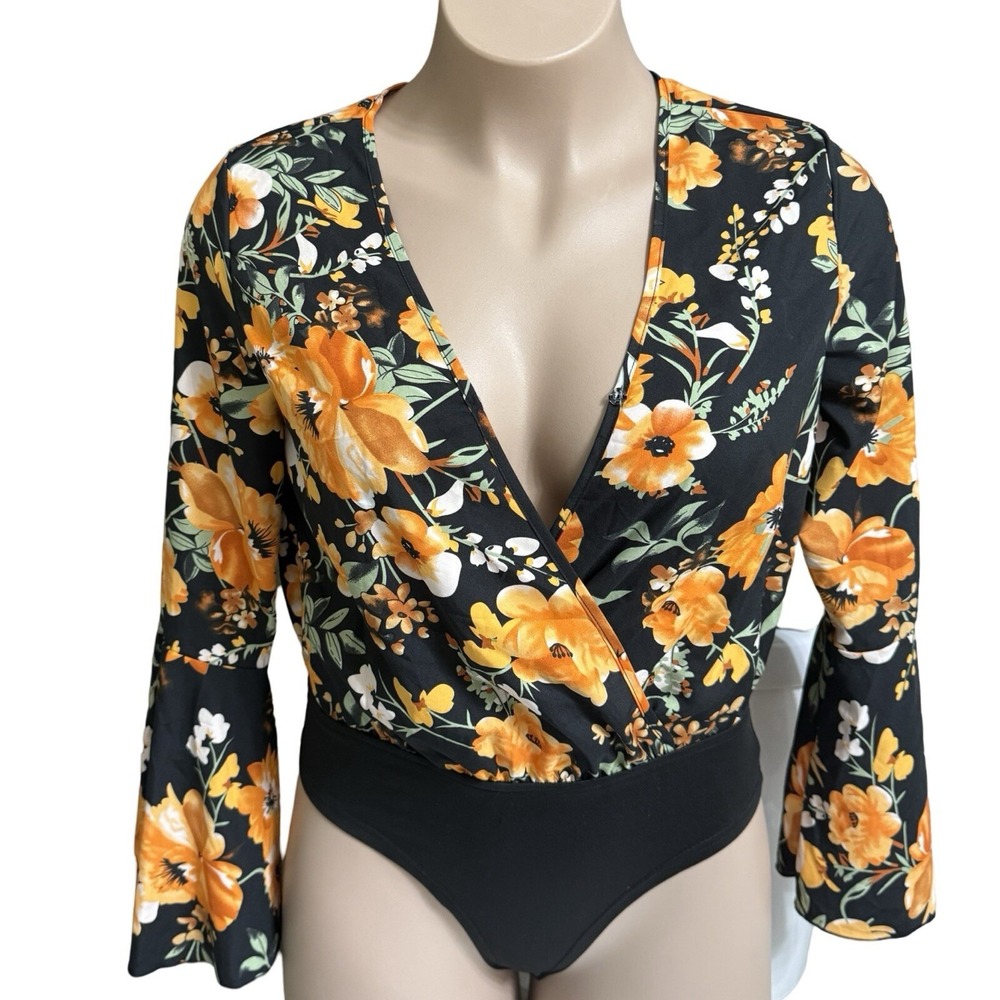SHEIN Sexy Floral Wrap Top Body-Suit‎ Medium Black Orange Bell Sleeves